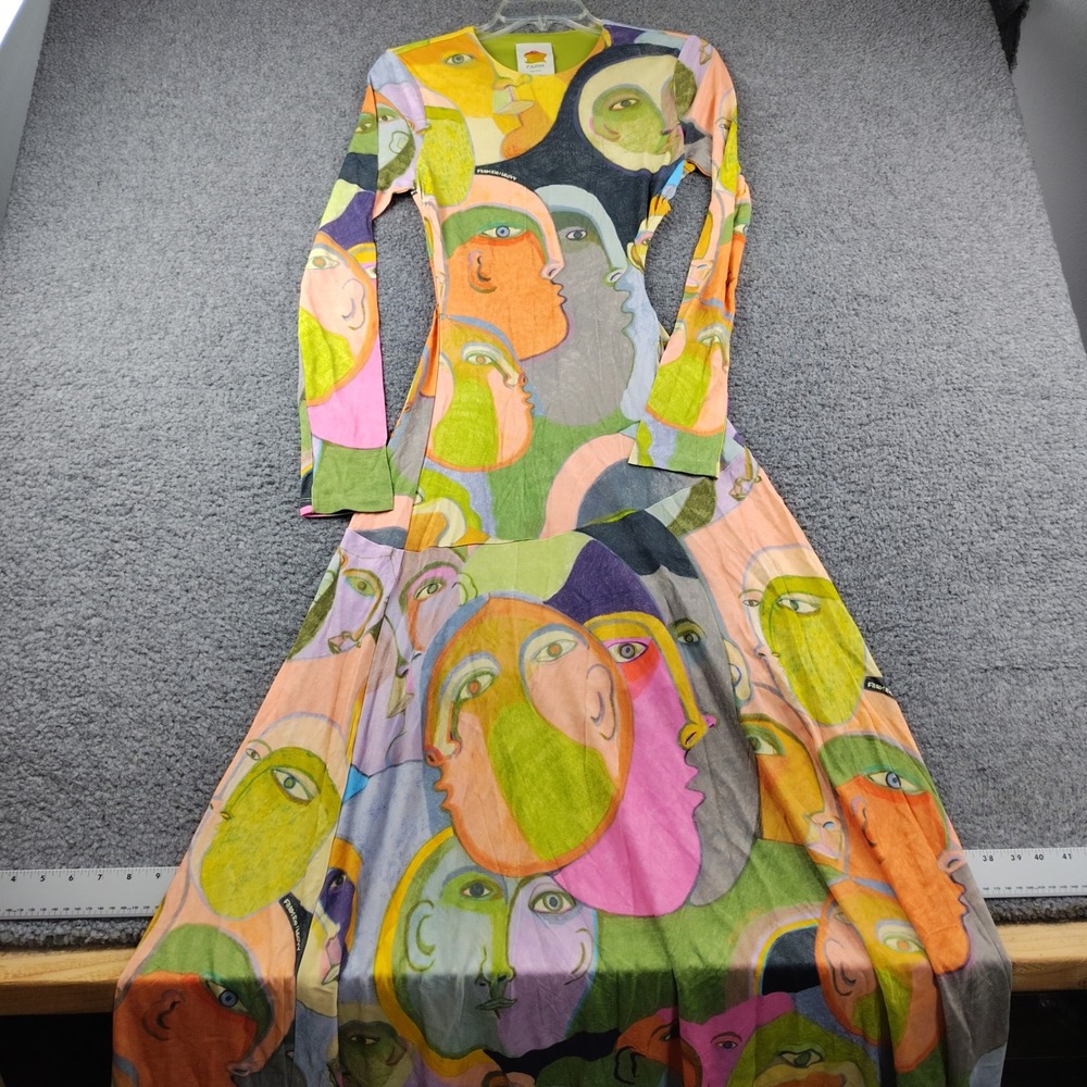 Farm Rio Maxi Dress Women Multi Face Abstract Print Long Sleeve Green Small